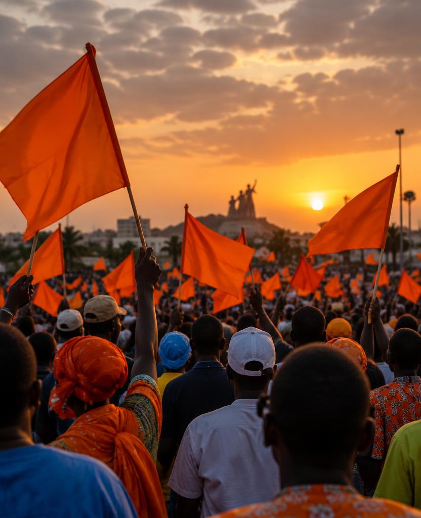 Foule agitant des drapeaux orange au coucher du soleil