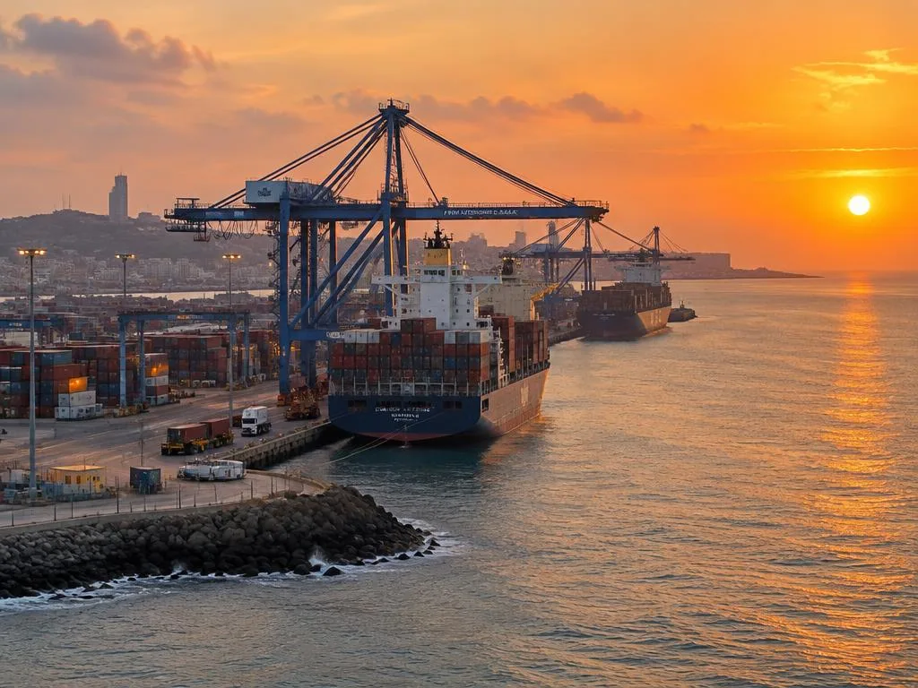 Port de commerce au coucher du soleil