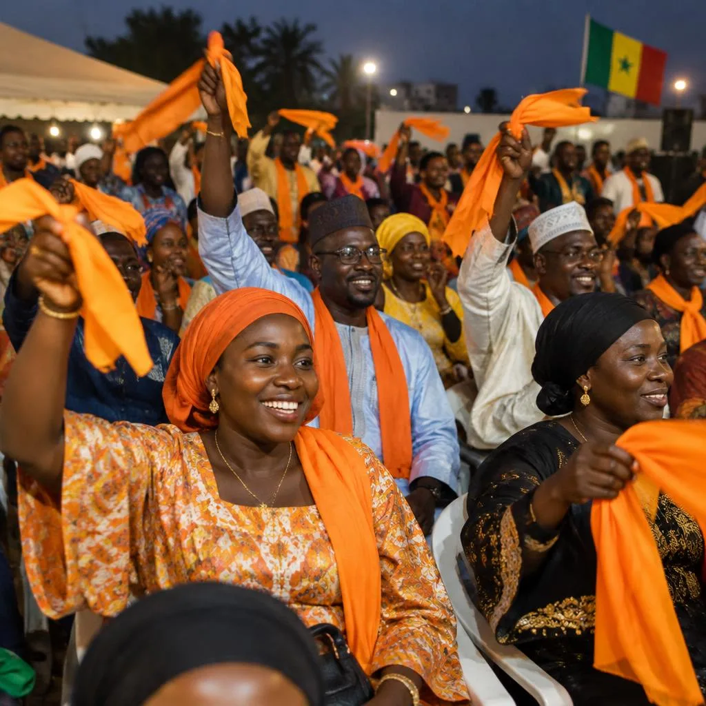 Militantes et militants agitant des foulards orange